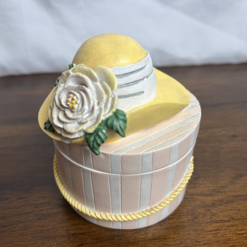 VTG Two's Company 3” Trinket Box Round Hat Box Yellow Flower Easter Spring Gift